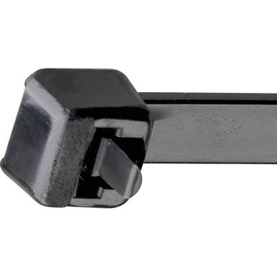 Un collier de serrage noir avec un mécanisme de fermeture robuste, utilisé pour attacher des câbles ou des objets.
