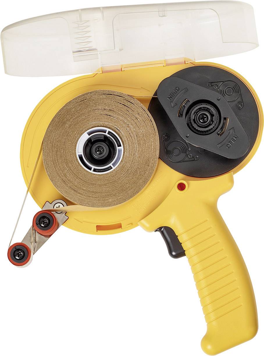 Distributeur de ruban adhésif jaune avec un compartiment supérieur transparent contenant un rouleau de ruban marron. La poignée est visible en bas à droite.