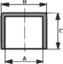 Schéma de profil en U avec dimensions : Largeur 'B', Hauteur 'C', et Profondeur 'A' indiquées. Désigne des composants structurels.