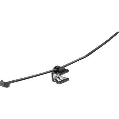 Pièce en plastique noir avec une longue tige flexible et un petit clip, probablement un support pour fils ou câbles.