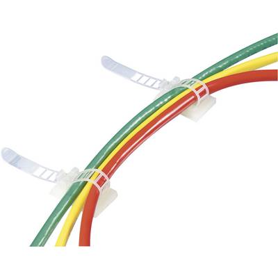 Faisceaux de câbles colorés en rouge, jaune et vert, fixés avec des attaches transparentes sur des supports blancs.