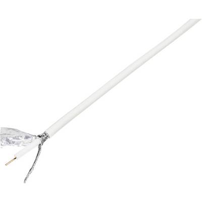 Un câble coaxial blanc unique avec une extrémité dénudée, montrant le fil de cuivre intérieur et le blindage.