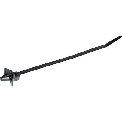 Un collier de serrage noir avec embase en PVC et élément de fixation. Adapté pour le regroupement et la fixation de câbles ou de conduites.