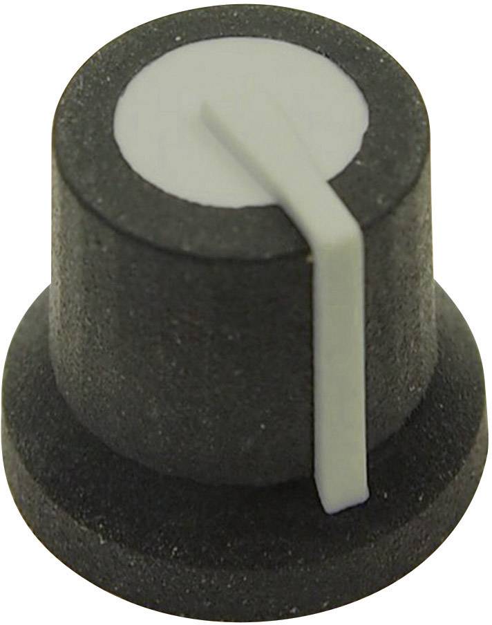 Un bouton rotatif noir et rond, doté d'une ligne de marquage blanche sur le côté. Idéal pour les appareils audio ou les commandes électroniques.