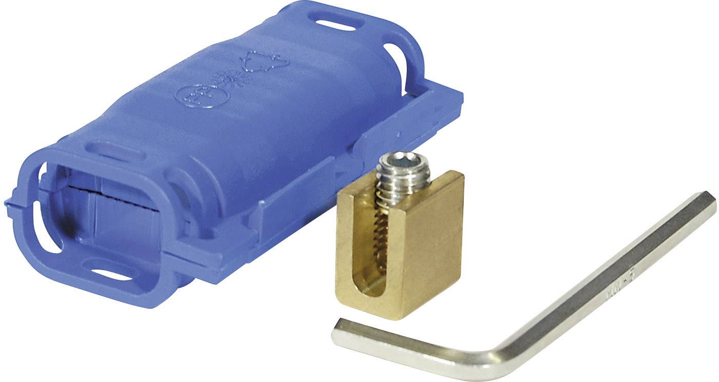 Un connecteur électrique bleu à côté d'une borne de connexion métallique et d'une clé hexagonale coudée pour l'installation.