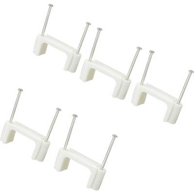 Six clips blancs pour câbles avec des clous pour fixer les câbles aux murs.