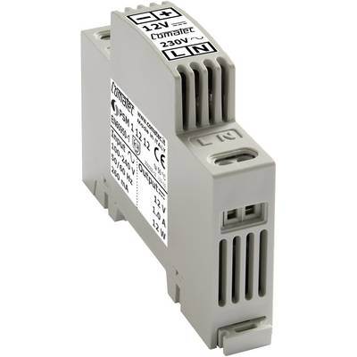 Une alimentation grise de Comatec avec une puissance d'entrée de 230V et une sortie de 12V, adaptée aux boîtiers électriques, vue de côté.