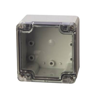 Boîte en plastique transparent vide, carrée, avec couvercle amovible, adaptée au rangement sécurisé de composants électriques.