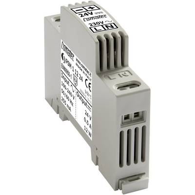 Un boîtier de commande gris portant l'inscription « Input : 100-240V, Output : 24V, 0,5A ». Affiche les détails techniques d'un bloc d'alimentation.