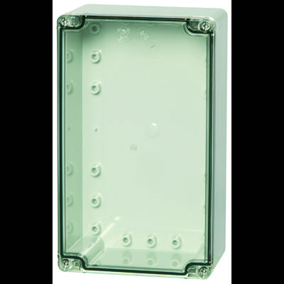 Une boîte en plastique transparente rectangulaire avec des coins arrondis et des trous pré-percés sur les bords pour une fixation murale.