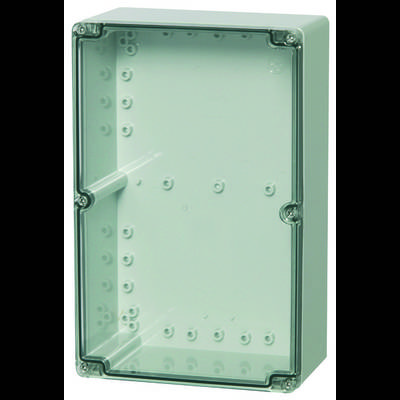 Une boîte de dérivation rectangulaire vide en plastique transparent, avec des trous pour vis et un couvercle amovible, destinée aux installations électriques.