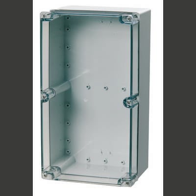 Boîtier rectangulaire vide en métal avec un couvercle transparent en plastique et des vis aux angles. Adapté pour les composants électriques.