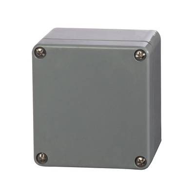 Boîtier rectangulaire gris avec quatre vis aux coins, probablement destiné à des composants électroniques ou au câblage.