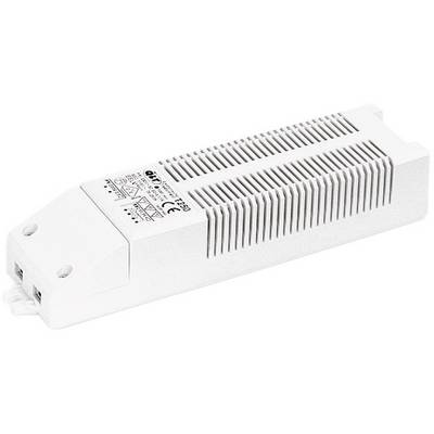 Bloc d'alimentation LED blanc rectangulaire avec ailettes de refroidissement et impression de spécifications techniques.
