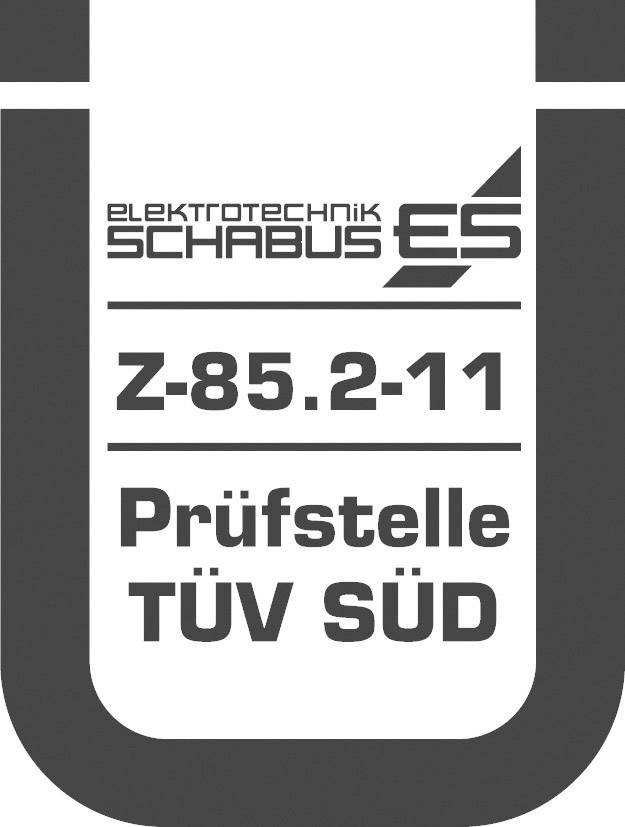 Logo avec l'inscription 'ELEKTROTECHNIK SCHABUS', en dessous 'Z-85.2-11', suivi de 'Organisme de contrôle TÜV SÜD', encadré par un U stylisé.
