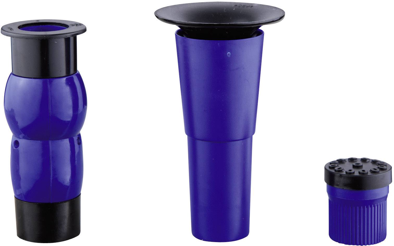 Trois pièces de poids en plastique bleu qui, assemblées, forment un système de poids d'haltère réglable, sur un fond blanc.