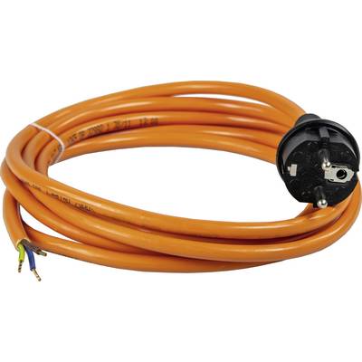 Rallonges électriques oranges avec fiche Schuko et extrémités dénudées, adaptées aux connexions électriques, sur fond blanc.