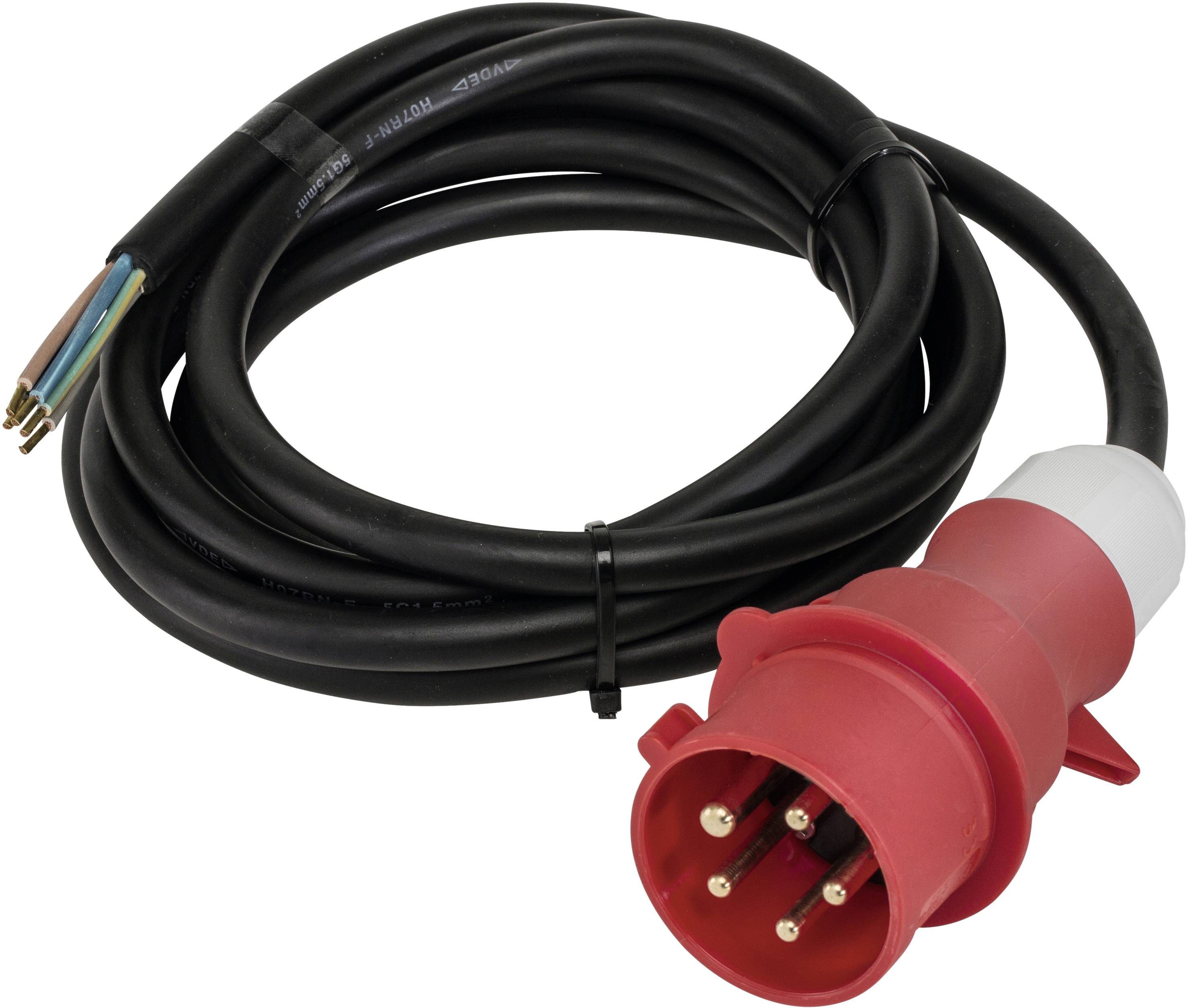 Un câble de rallonge CEE rouge avec cinq contacts de fiche et câble noir, adapté aux applications industrielles d'alimentation électrique.