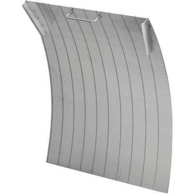 Pièce métallique en aluminium avec une forme incurvée et un motif strié, comprenant une poignée en haut.