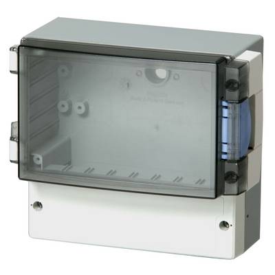 Boîtier métallique avec couvercle transparent en plastique, adapté pour le montage de composants électroniques. Forme rectangulaire, avec trous de fixation par vis.