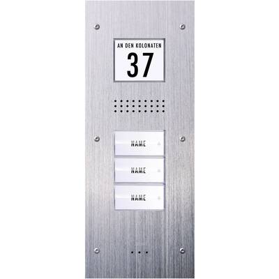 Sonnette avec l'inscription 'An den Kolonaten 37' et trois champs de noms vierges. Boutons-poussoirs sur métal brossé.
