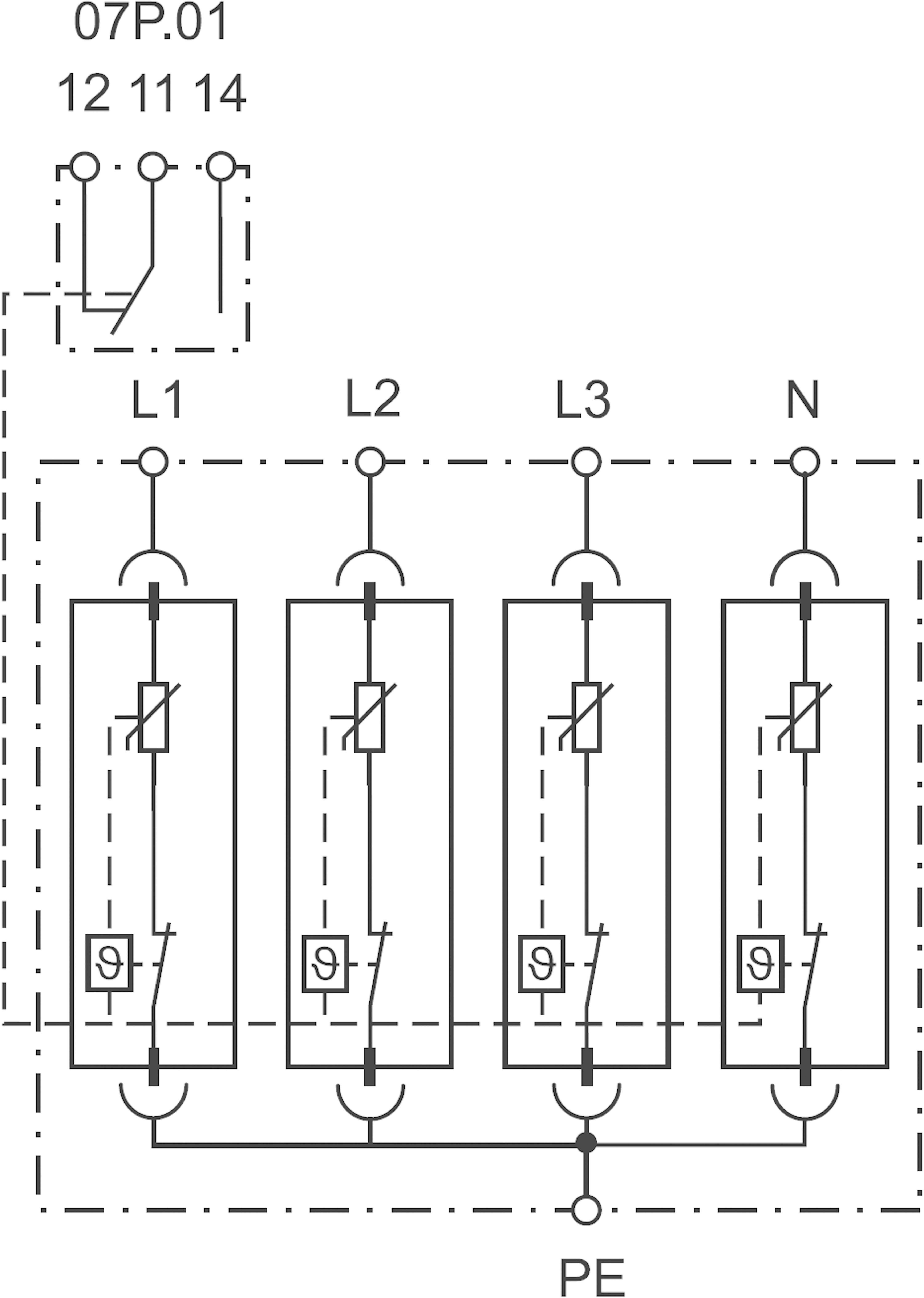 Le schéma montre un contacteur quadripolaire avec des bobines L1, L2, L3, N et le conducteur de protection PE ; le circuit de commande est composé des interrupteurs 07P.01, 12, 11, 14.