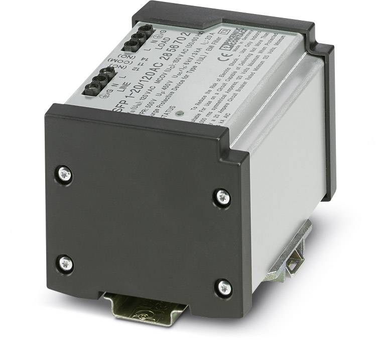 Un appareil électrique de forme rectangulaire, avec des bornes à vis et une étiquette avec des spécifications techniques sur le dessus.