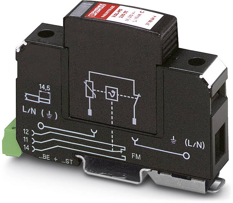 Un dispositif de protection contre les surtensions avec un schéma de circuit électrique sur la face avant et des bornes de raccordement sur la face inférieure.
