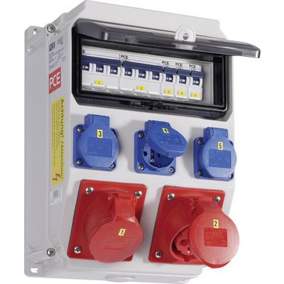 'Armoire électrique combinée avec plusieurs prises bleues et rouges, numérotées de 1 à 5.'