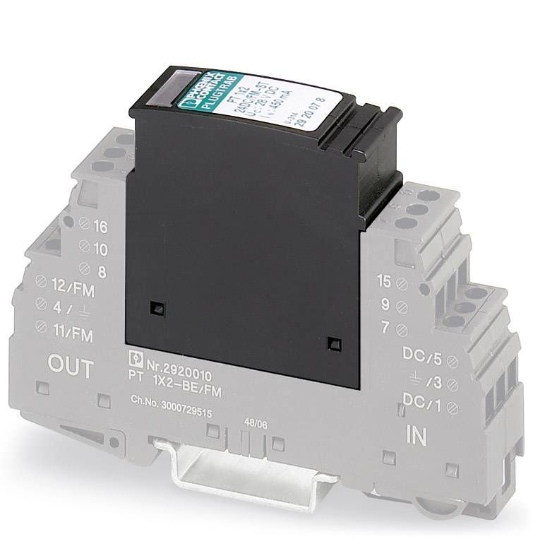 Dispositif de protection contre la foudre à surface noire avec impression blanche. Monté sur un adaptateur de rail DIN gris avec bornes de connexion.