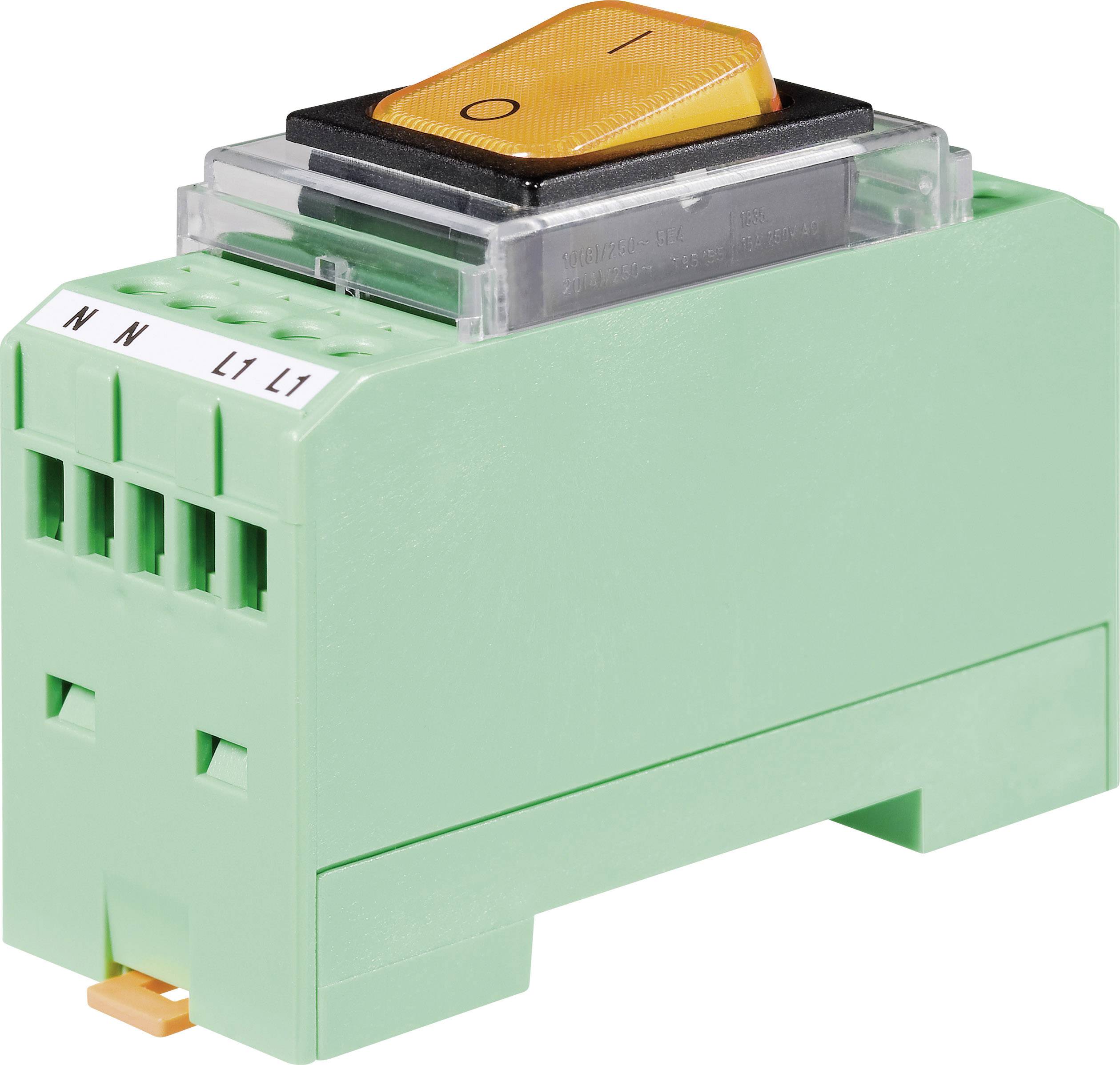 Un interrupteur électromagnétique vert avec un interrupteur à bascule orange et des étiquettes 'N', 'L1' sur le côté.