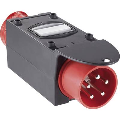 Fiche électrique rouge et noire avec plusieurs broches métalliques, adaptée aux applications industrielles.