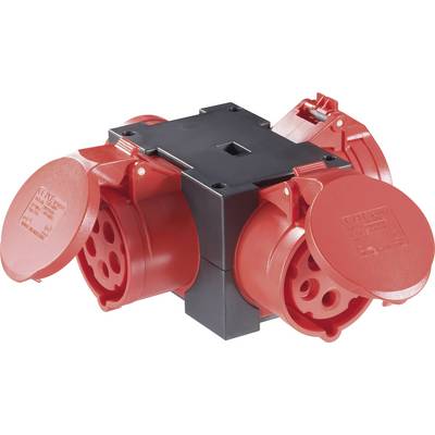 Fiche CEE rouge avec éléments noirs, adaptée aux applications à forte intensité électrique. Dispose de plusieurs possibilités de connexion.