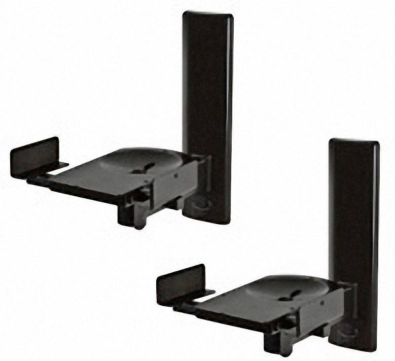 Deux supports d'enceintes noirs pour montage mural, orientation horizontale possible. Adaptés aux petits haut-parleurs.