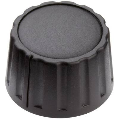 Un bouton rotatif noir à surface texturée, couramment utilisé pour les réglages sur des appareils ou des instruments.