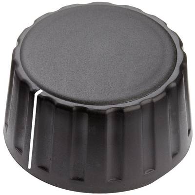 Un bouton rotatif noir strié avec une ligne de marquage en haut, adapté pour des régulateurs ou des surfaces de contrôle.