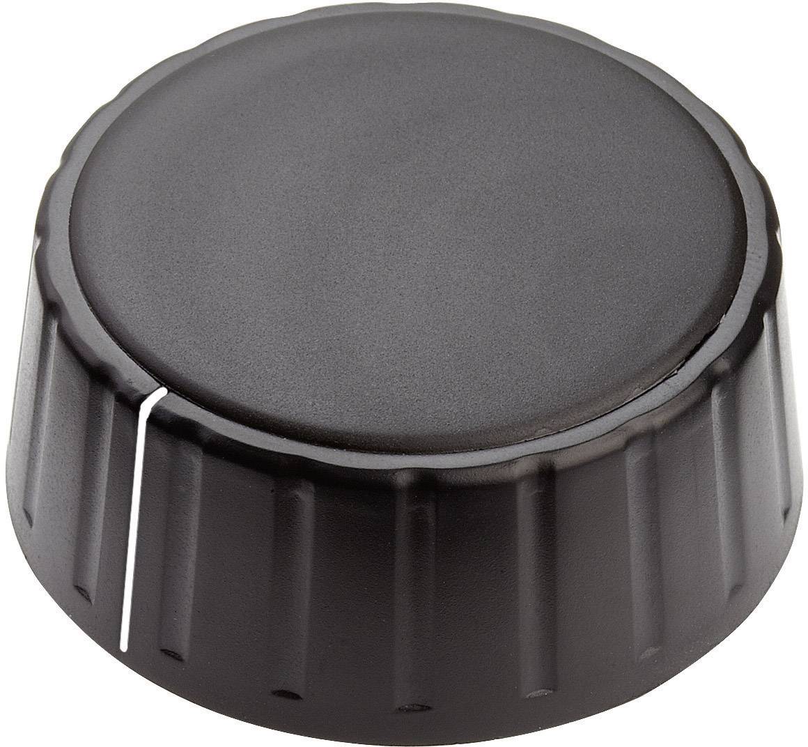 Bouton de commande noir avec bord strié et repère. Fréquemment utilisé pour contrôler des appareils ou régler le volume.