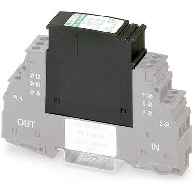 Composant électronique, dispositif de protection contre les surtensions monophasé, avec des connexions d'entrée et de sortie, portant l'inscription 'PT 1X2-BE'.