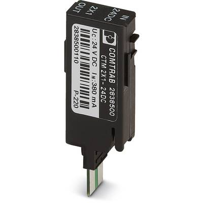 Appareil électronique avec boîtier noir et étiquette, affichant des données telles que 'UC : 24 VCC', 'I : 380 mA'. Compatible avec les circuits imprimés.