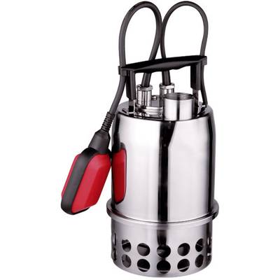 Une pompe de puisard argentée avec un flotteur rouge et des câbles noirs. Elle a un boîtier en métal brossé et est souvent utilisée pour le pompage de l'eau.