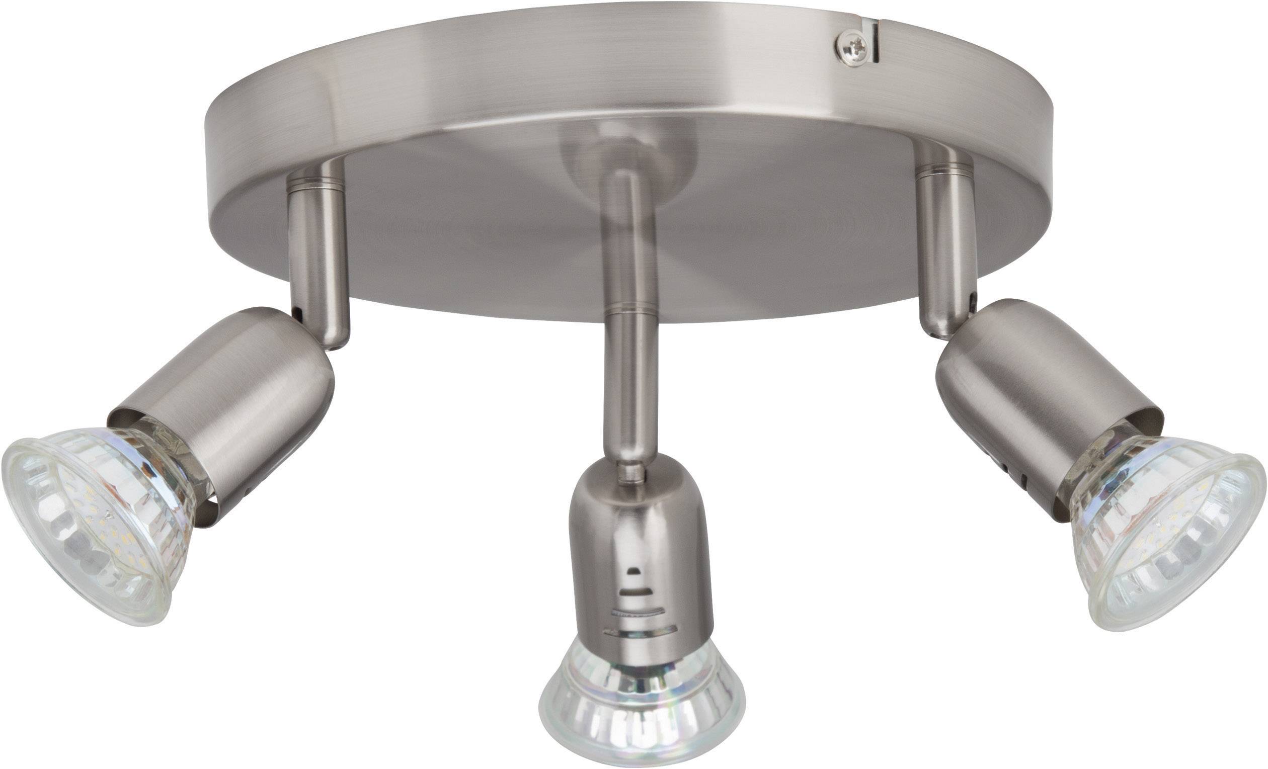 Spot de plafond à trois bras en métal brossé avec des lumières LED réglables, monté sur une base ronde. Idéal pour un éclairage ciblé dans les espaces.