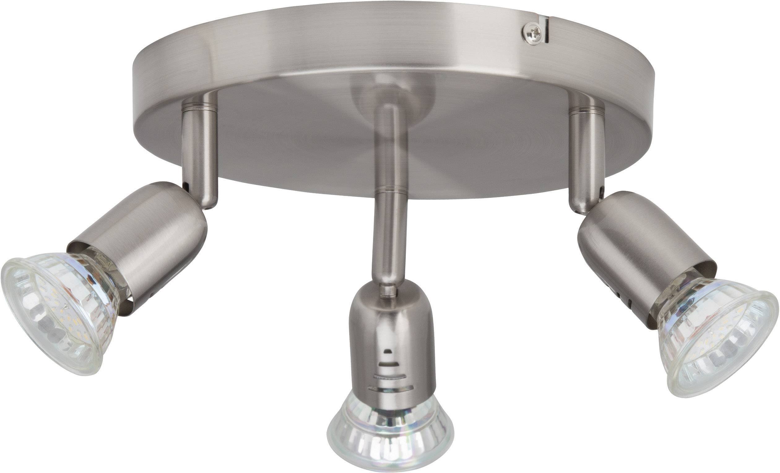 Plafonnier à trois spots en métal brossé avec des lumières orientables, adapté à l'éclairage directionnel des espaces intérieurs.