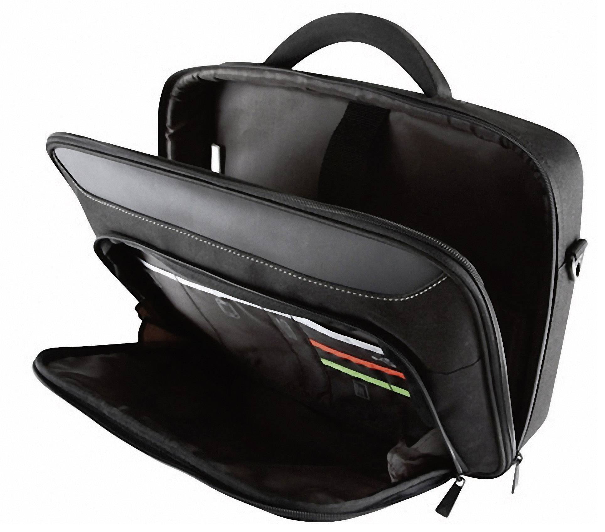 Sacoche noire ouverte pour ordinateur portable avec deux compartiments ; le compartiment avant est rempli de dossiers et de documents, adaptée pour les voyages ou le bureau.
