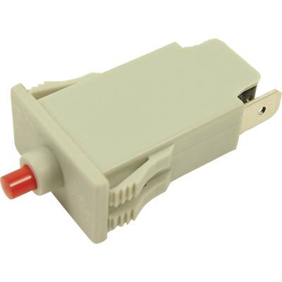 Une prise électrique beige avec un bouton rouge utilisé pour la réinitialisation ou les tests.
