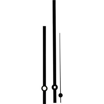 Trois aiguilles noires d'une horloge, de longueurs différentes. À gauche se trouve l'aiguille la plus longue, à droite la plus courte. Elles ont des bases circulaires.
