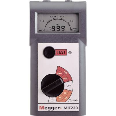 Un appareil de mesure d'isolement numérique avec affichage des valeurs de résistance en mégaohms, commutateur rotatif pour la sélection de la tension, logo 'Megger MIT220'.