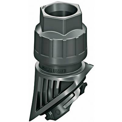 Raccord cylindrique gris en plastique, doté d'une poignée nervurée et présentant un motif en biais à sa base, probablement un élément d'un tuyau.