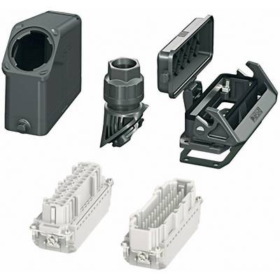 Différents composants d'un système de connecteurs industriels, comprenant un boîtier, des inserts et un presse-étoupe, en plastique noir.
