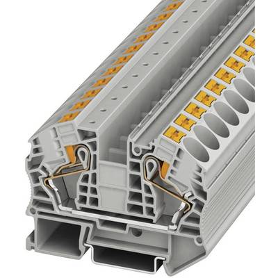 Coupe transversale d'une barrette de jonction grise avec des éléments de commande orange et des bornes de connexion de fil, montrant les composants de connexion internes.