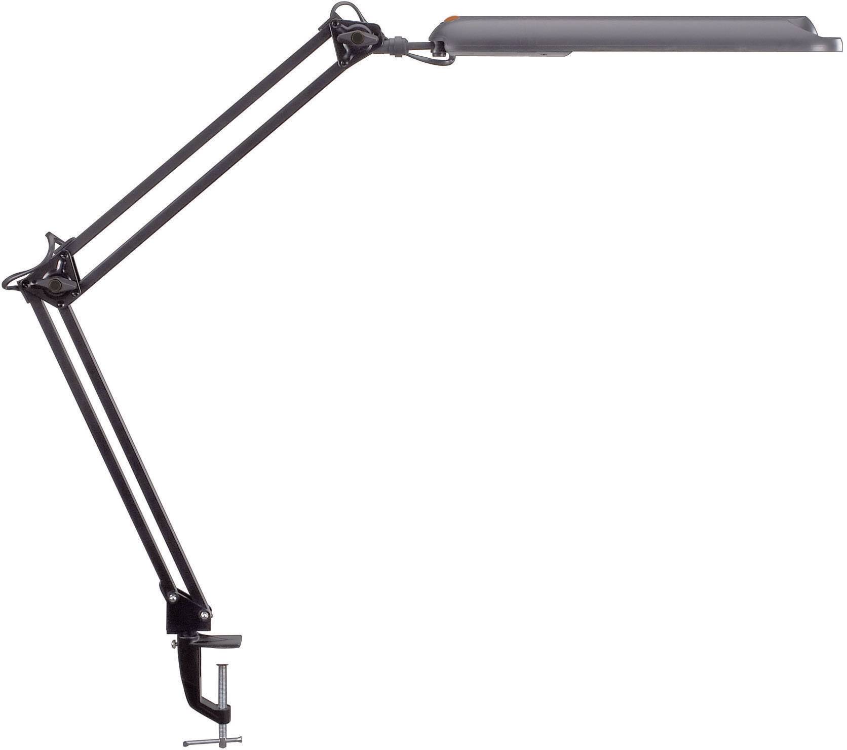 Lampe de bureau noire avec bras ajustable et pince de fixation, vue latérale.